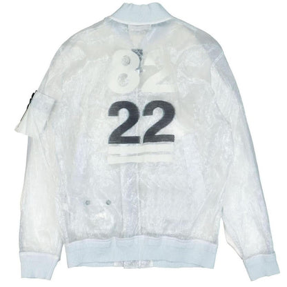 Stone Island bomber jacket ice blue with logo patch and premium fabric details.