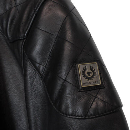 Belstaff black leather jacket with full zip and classic logo detailing.
