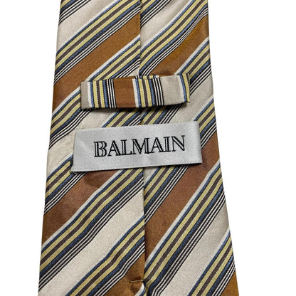Balmain multicoloured striped silk tie featuring bold stripes in beige, blue, brown, and yellow.