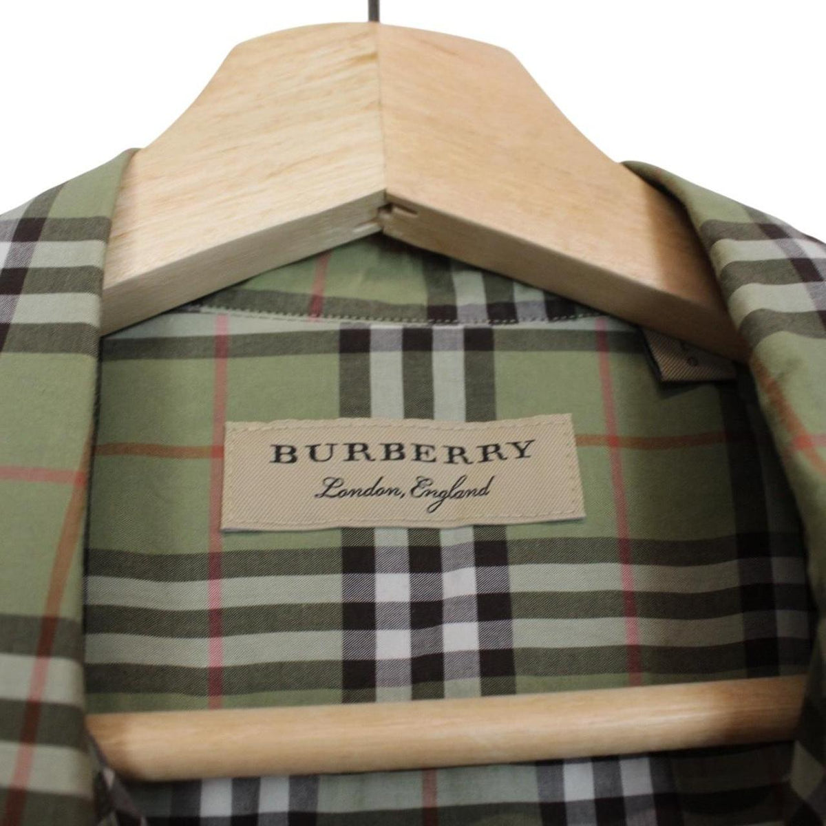 Burberry green long sleeve shirt with Nova Check pattern and cotton poplin material.
