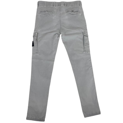 Stone Island grey slim fit cargo trousers with logo patch and repaired back pockets.