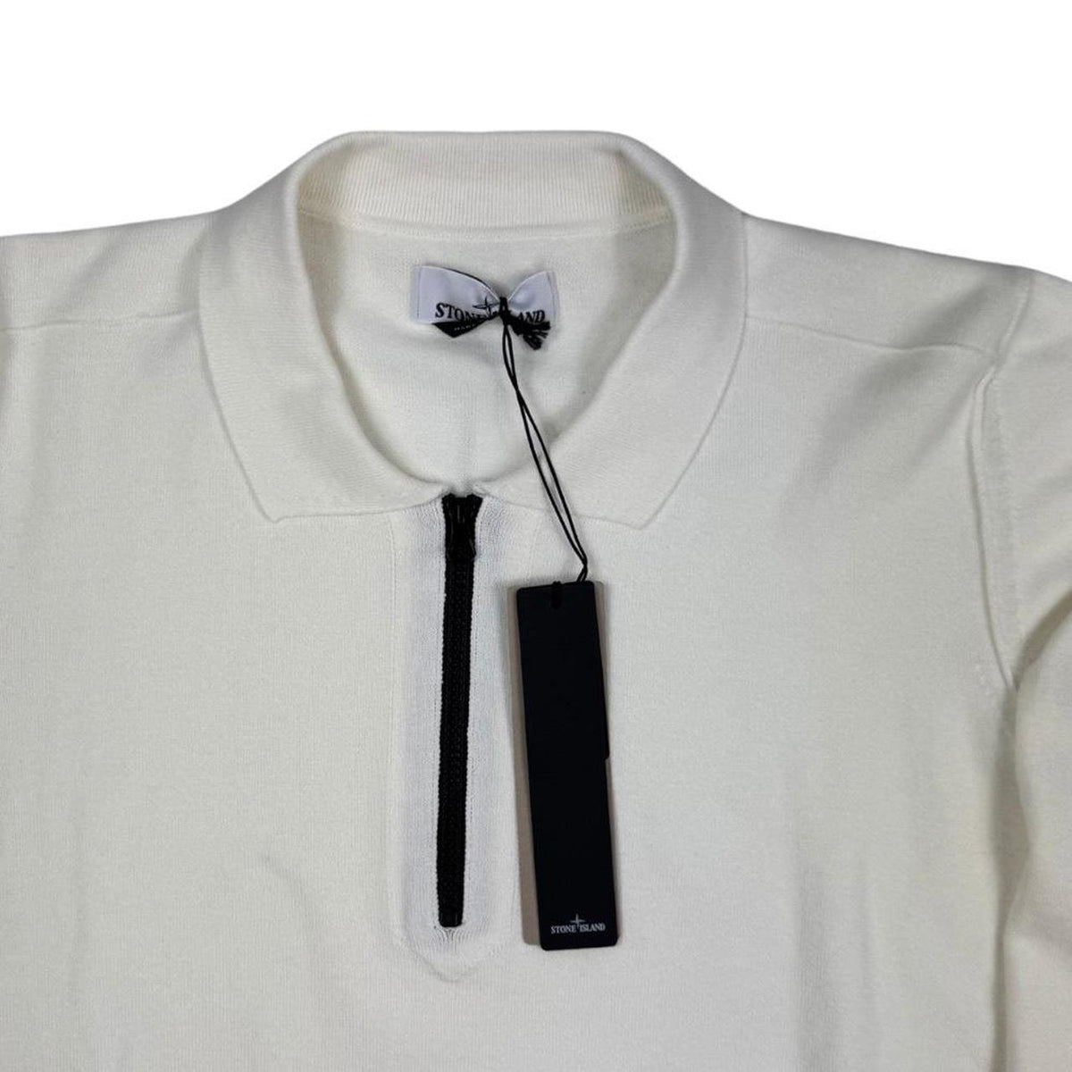 Stone Island white knit jumper with collared design and logo patch.