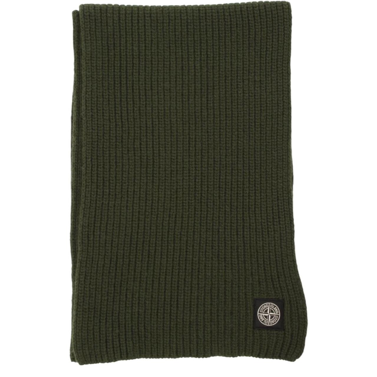 Stone Island green wool scarf with ribbed texture and embroidered logo patch.