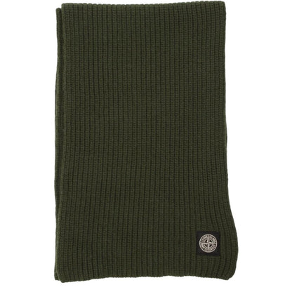 Stone Island green wool scarf with ribbed texture and embroidered logo patch.