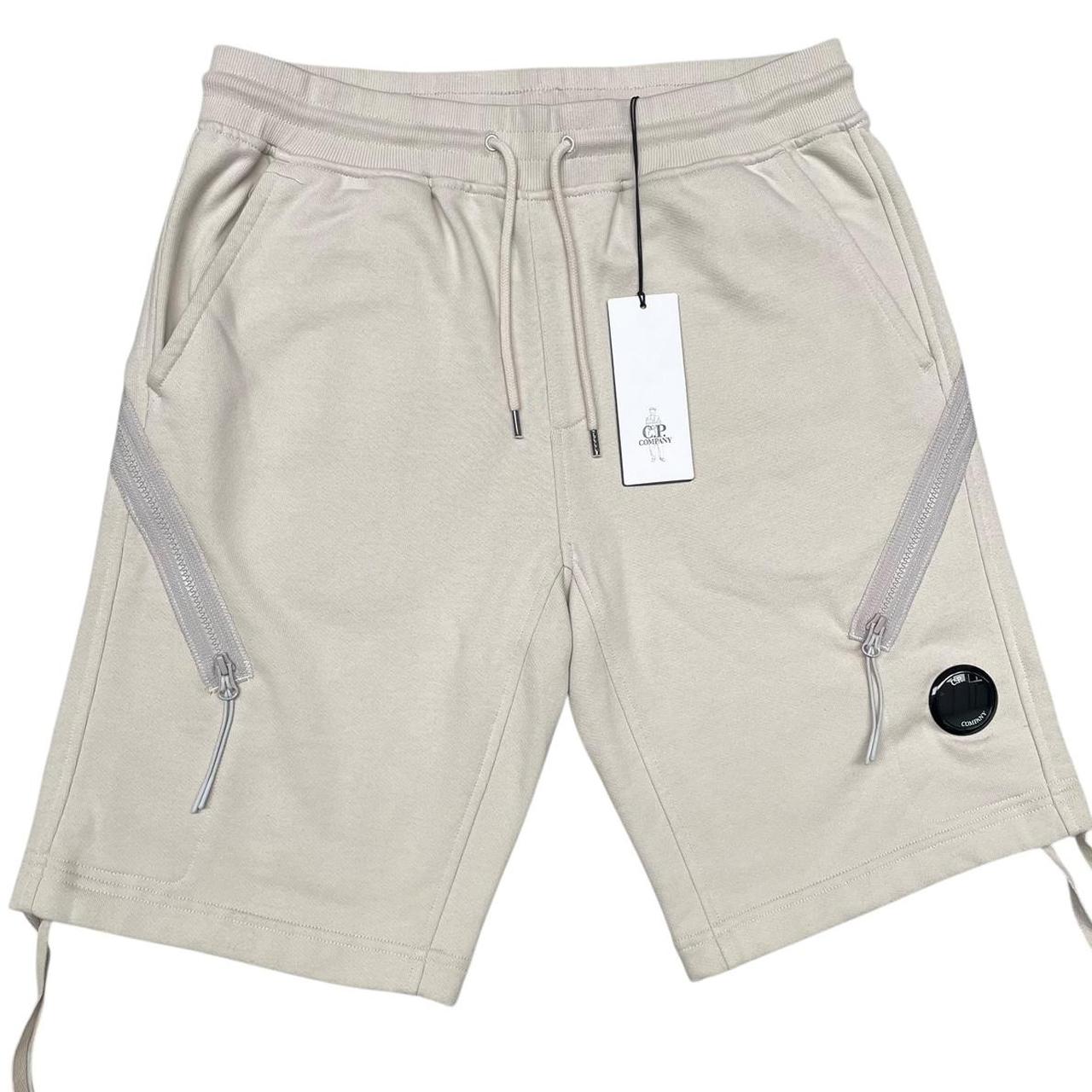 CP Company Beige Cotton Diagonal Fleece Lens Jogger Shorts