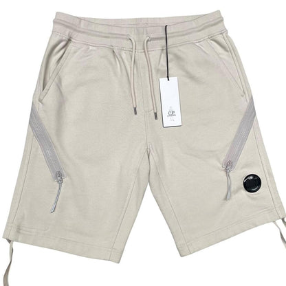 CP Company Beige Cotton Diagonal Fleece Lens Jogger Shorts