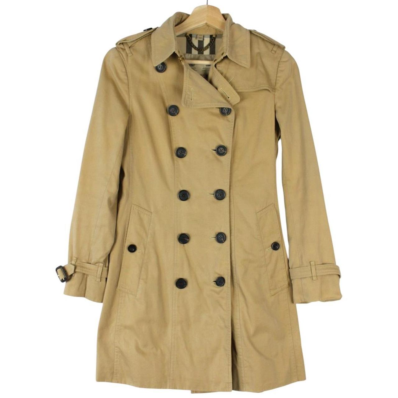 Burberry tan brown trench coat with Nova Check pattern and double-breasted design.