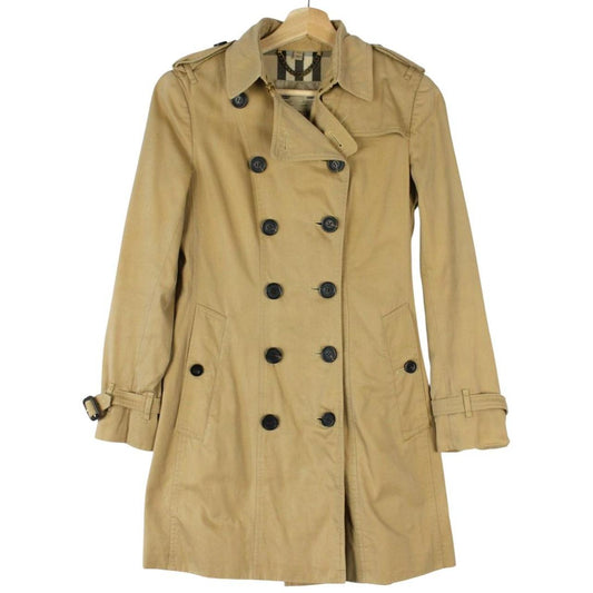 Burberry tan brown trench coat with Nova Check pattern and double-breasted design.