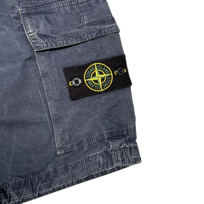 Stone Island navy blue cargo shorts with logo patch and cotton material.