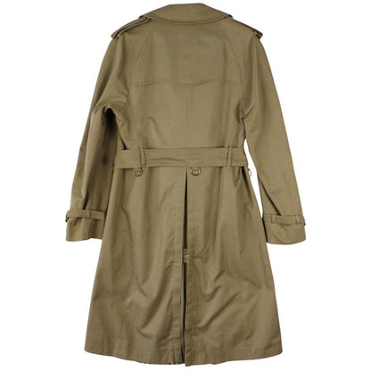 Burberry brown double breasted belted trench coat with classic check lining and logo details.