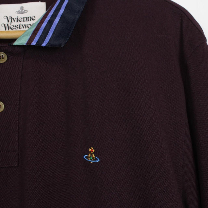 Vivienne Westwood Burgundy Long Sleeve Orb Striped Collar Polo Shirt