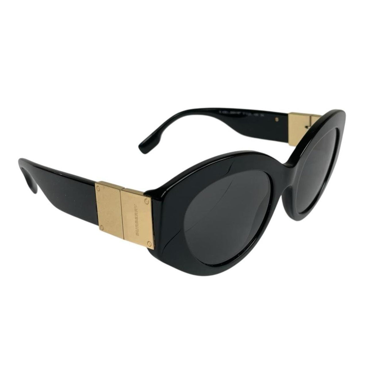 Burberry cat eye sunglasses black and gold with logo detail and case.
