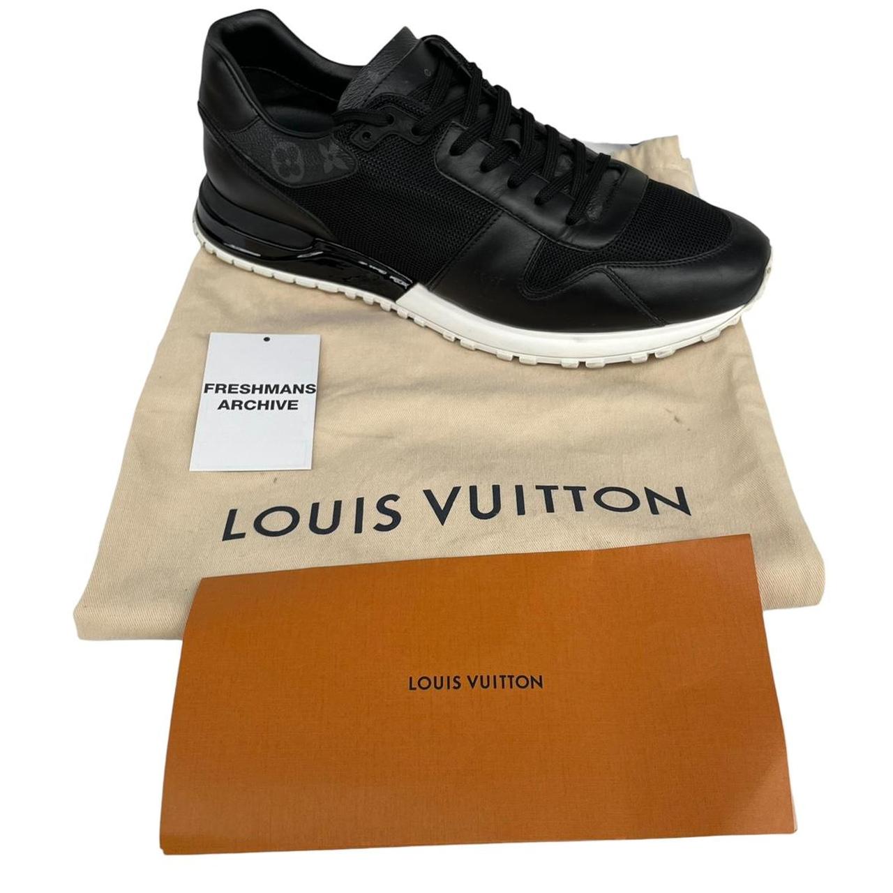 Louis Vuitton black trainers featuring monogram pattern and leather-mesh material.