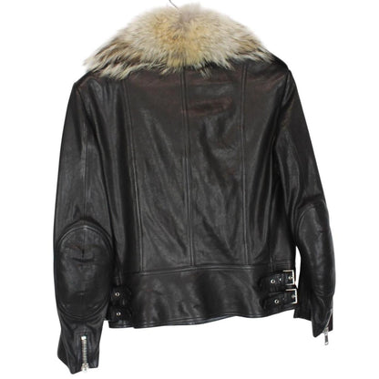Belstaff black leather biker jacket with detachable coyote fur collar and logo detailing.