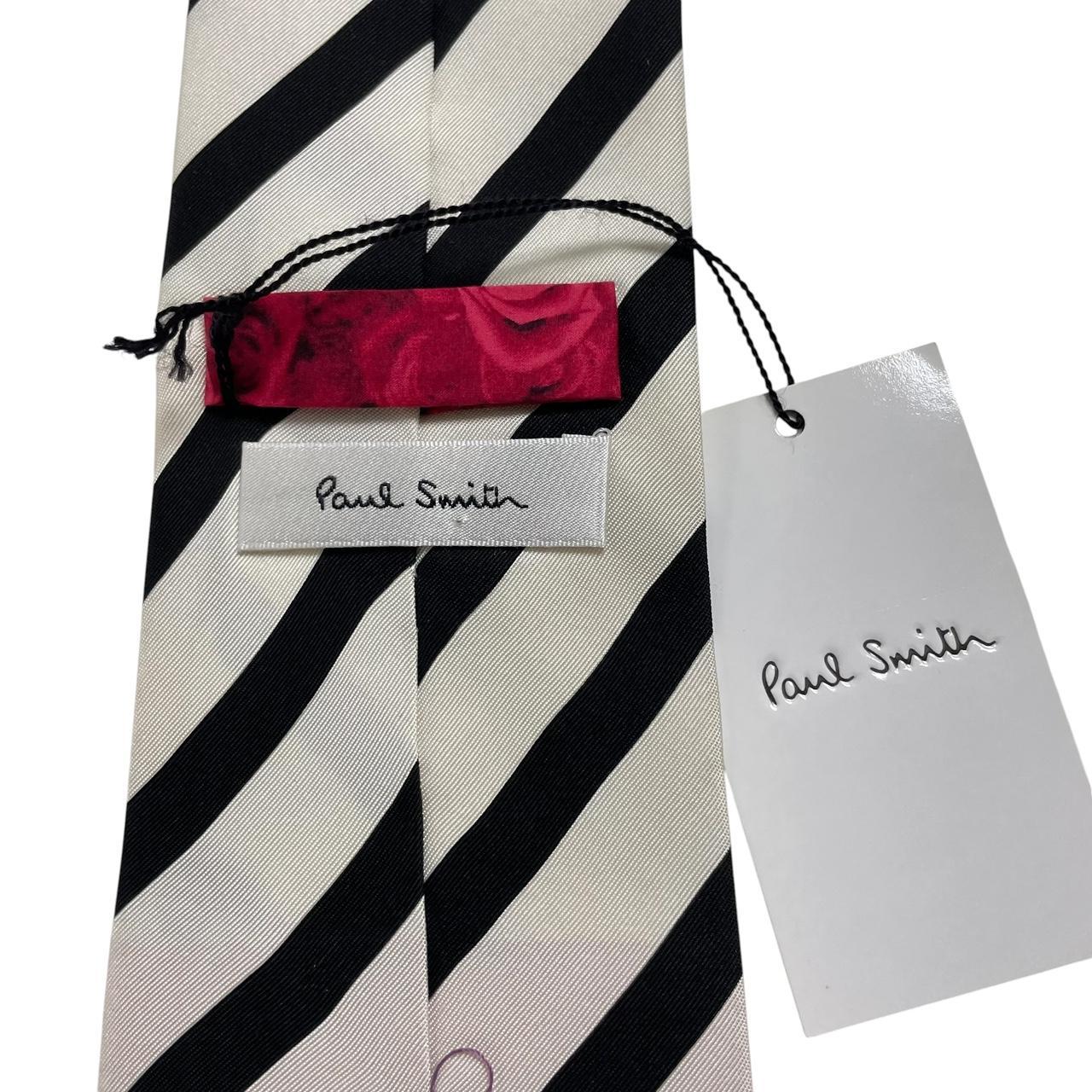 Paul Smith black and white striped silk tie with logo detail, brand new with tags.
