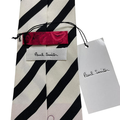 Paul Smith black and white striped silk tie with logo detail, brand new with tags.