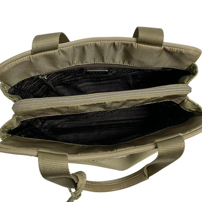 Prada green nylon duffel bag with logo detail and working lock and key.