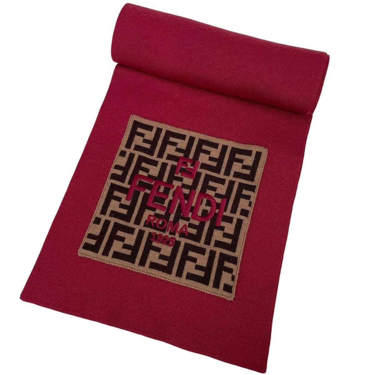 Fendi burgundy scarf featuring FF Zucca monogram pattern in soft virgin wool.
