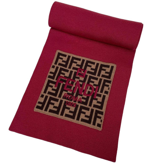 Fendi burgundy scarf featuring FF Zucca monogram pattern in soft virgin wool.