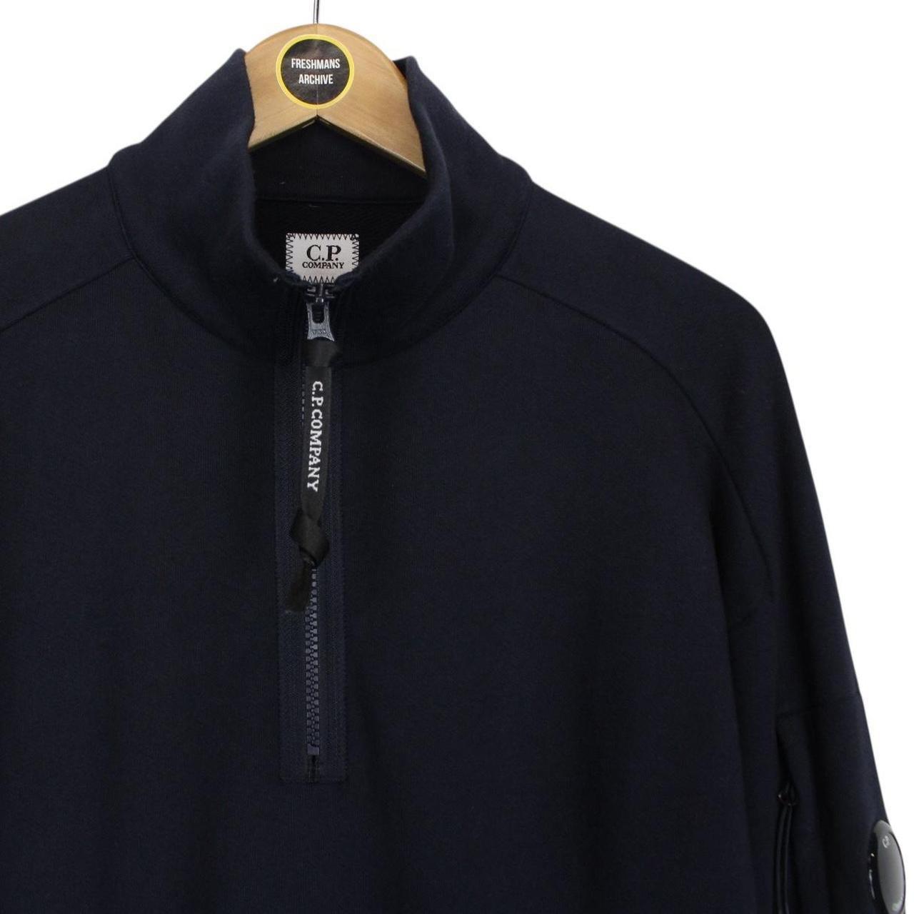 CP Company Navy Blue Diagonal Raised Fleece Cotton 1/4 Zip Lens Sweatshirt