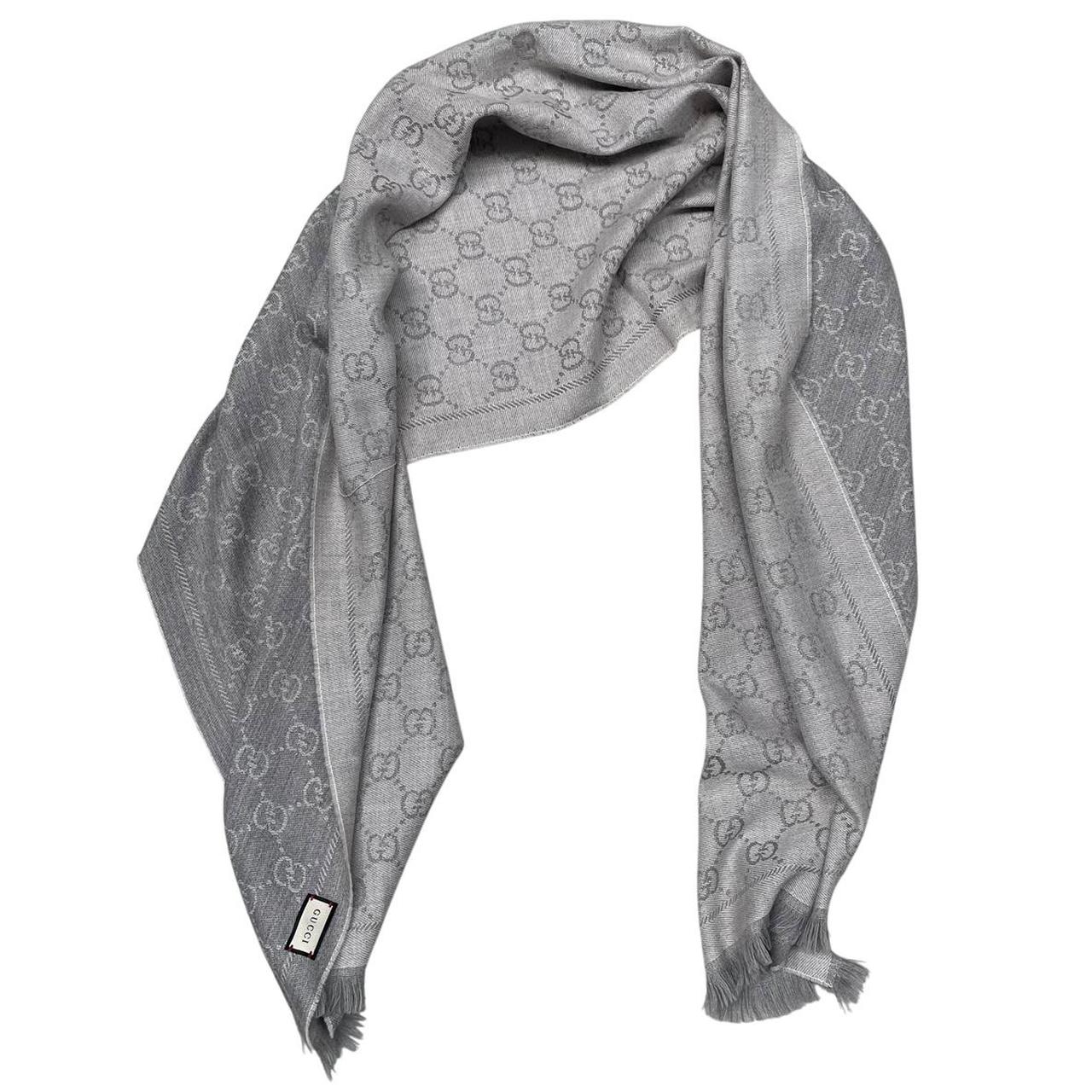 Gucci Grey GG Monogram Frayed Wool Scarf