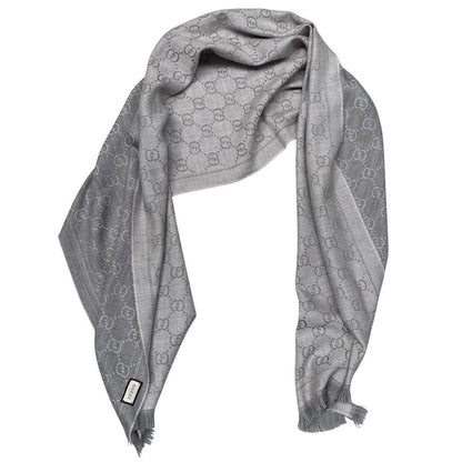 Gucci Grey GG Monogram Frayed Wool Scarf