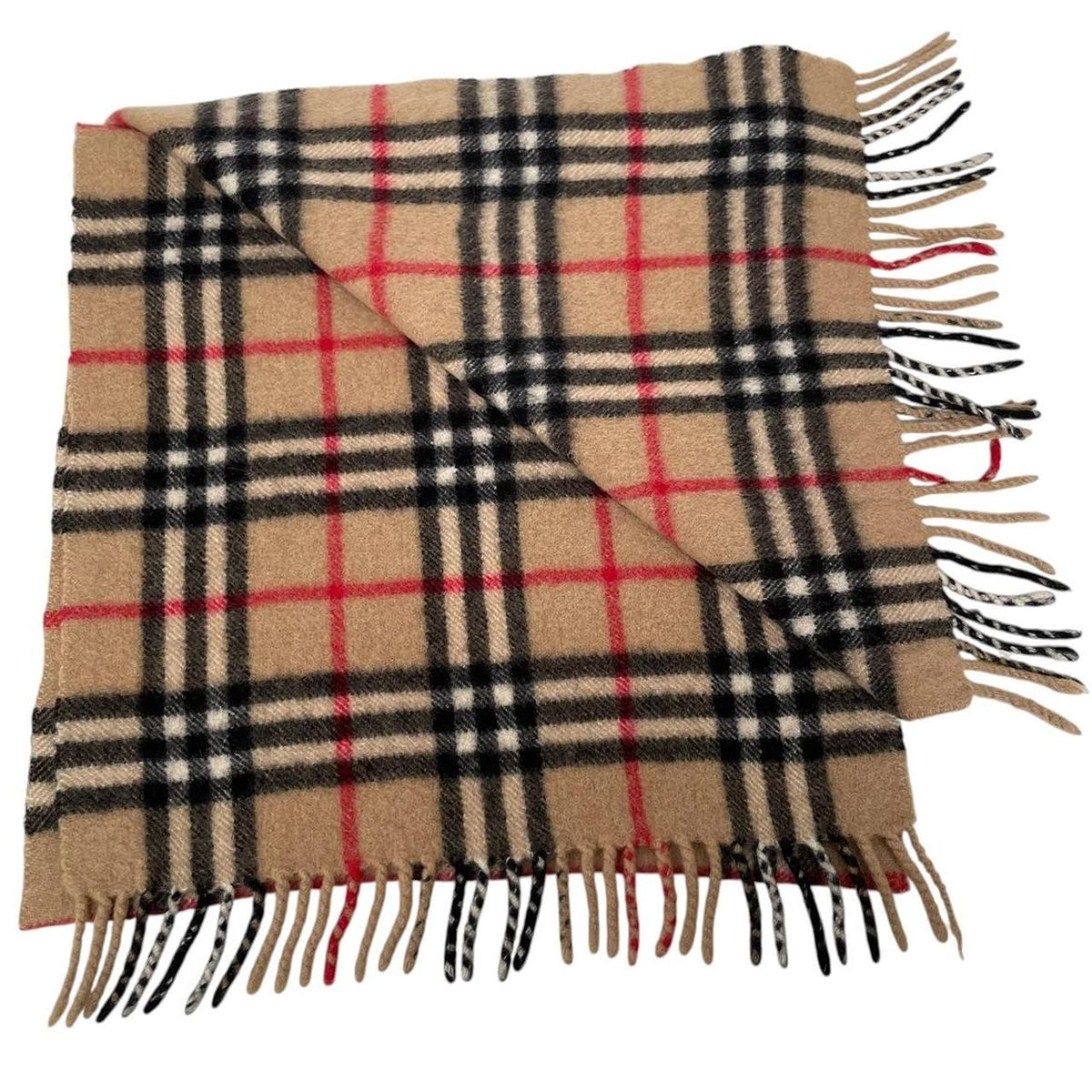 Burberry beige cashmere scarf featuring classic Nova Check pattern and logo detail.