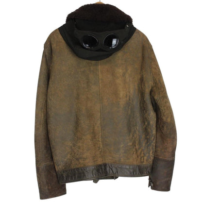 CP Company Brown Full Zip Leather Shearling Goggle Jacket