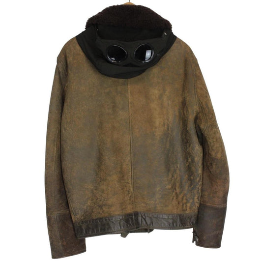 CP Company Brown Full Zip Leather Shearling Goggle Jacket