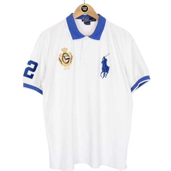 Vintage Polo Ralph Lauren White and Blue Short Sleeve Cotton Polo Shirt