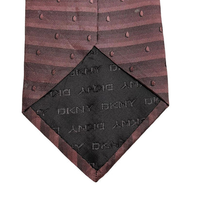 DKNY burgundy silk tie with striped pattern and logo detail.
