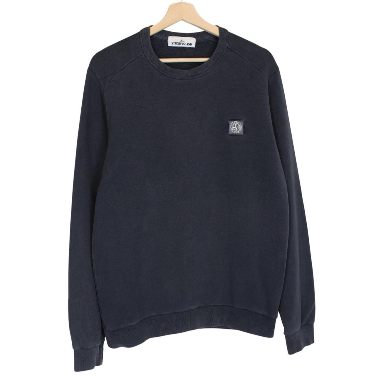 Stone Island navy blue cotton sweatshirt with logo patch and small sleeve repair.