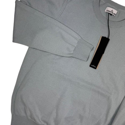 Stone Island grey knit jumper made from organic cotton with logo patch on sleeve.