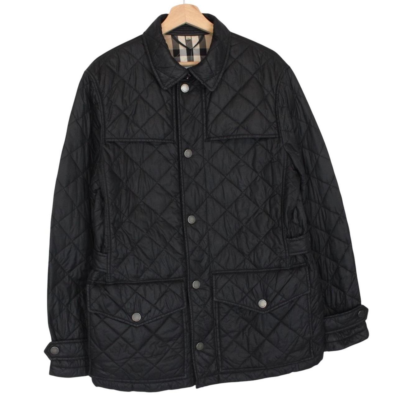 Burberry black quilted field jacket with Nova Check lining and diamond pattern.