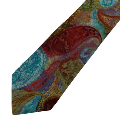 Hugo Boss multicoloured silk tie with abstract pattern in blue and green tones.