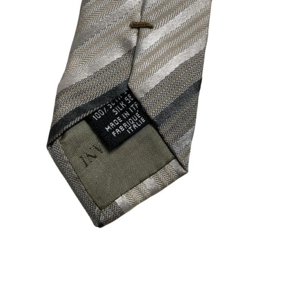 Giorgio Armani multicoloured striped silk tie featuring beige, black, brown, and grey stripes.