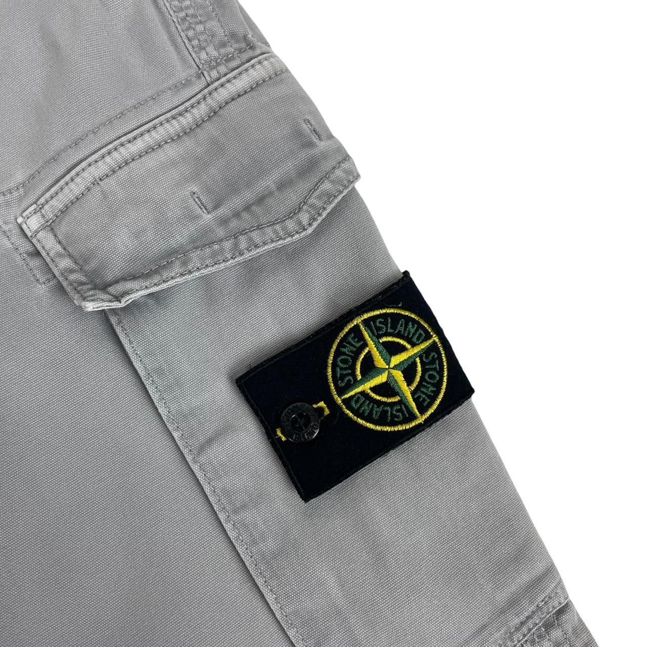 Stone Island grey slim fit cargo trousers with logo patch and repaired back pockets.
