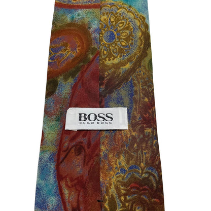 Hugo Boss multicoloured silk tie with abstract pattern in blue and green tones.