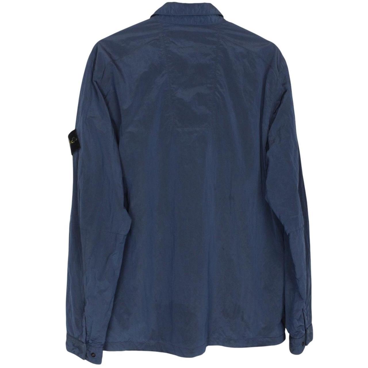 Stone Island navy blue full zip nylon overshirt with logo patch and metal finish.