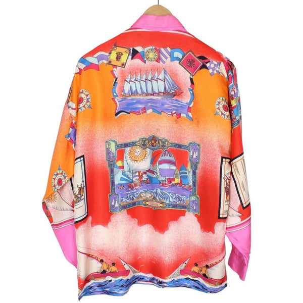 Vintage 90s Versace Sport Multicoloured Long Sleeve Ship Print Silk Shirt