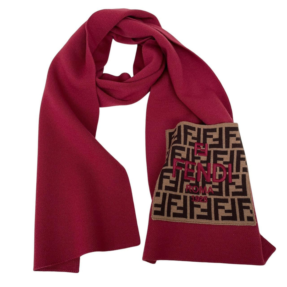 Fendi burgundy scarf featuring FF Zucca monogram pattern in soft virgin wool.