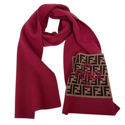 Fendi burgundy scarf featuring FF Zucca monogram pattern in soft virgin wool.