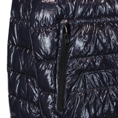 Moncler navy blue full zip down jacket with logo patch and quilted material.
