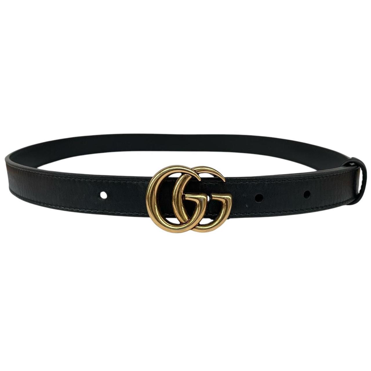 Gucci Black and Gold Marmont Thin Leather Belt with GG Buckle