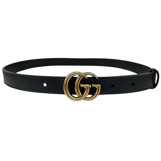 Gucci Black and Gold Marmont Thin Leather Belt with GG Buckle