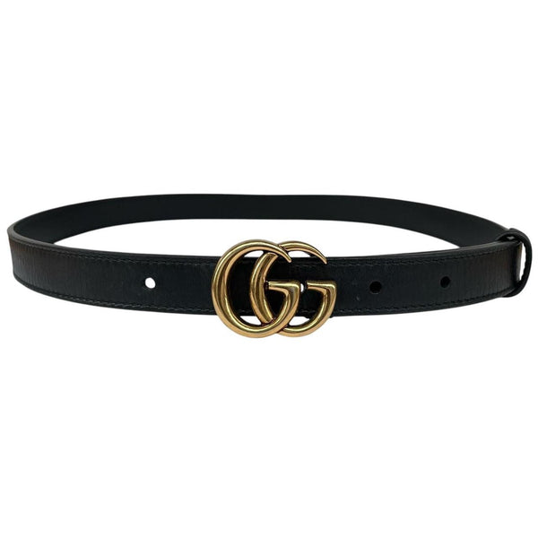 Gucci Black and Gold Marmont Thin Leather Belt with GG Buckle