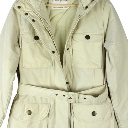 Burberry cream belted down jacket with classic logo and quilted texture.