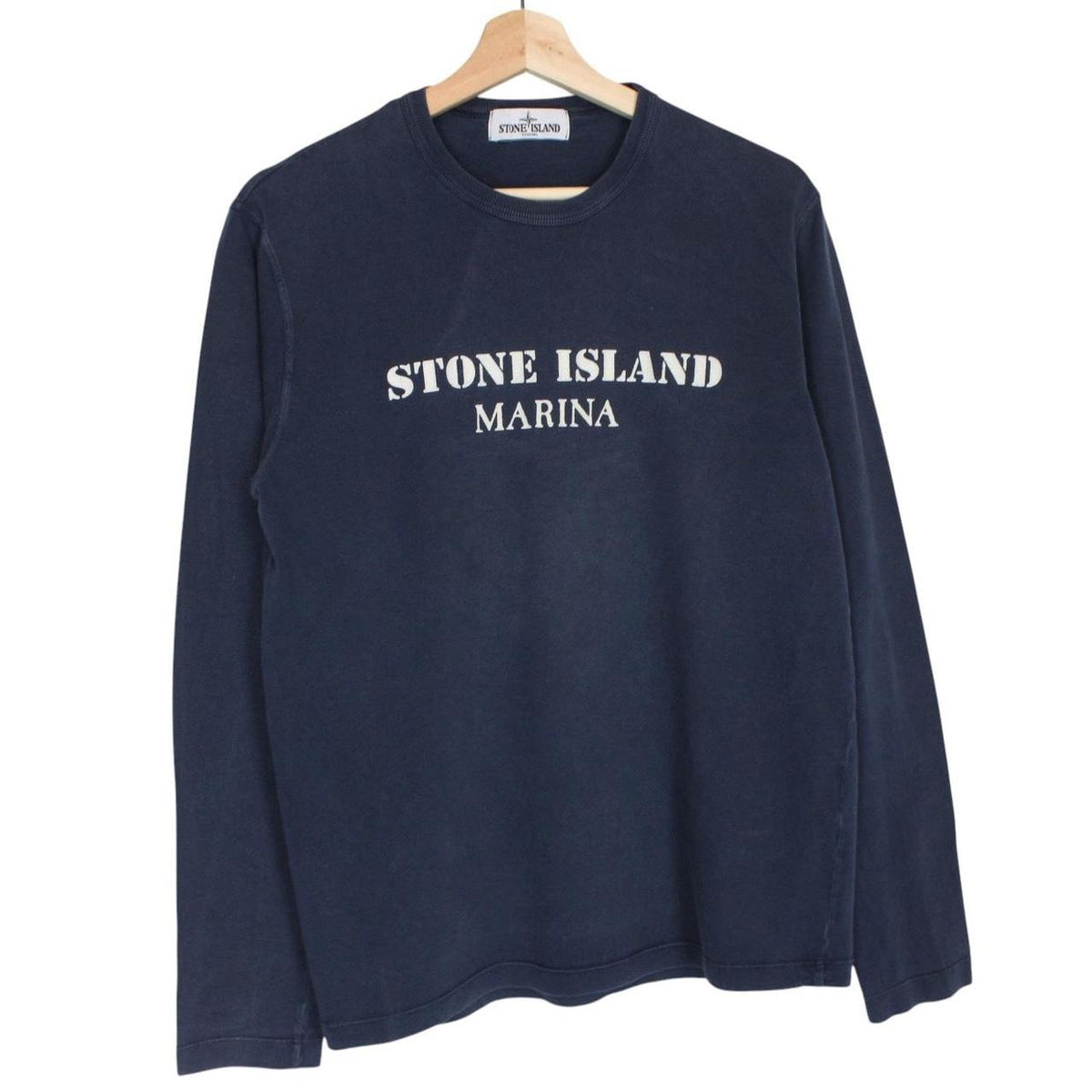 Stone Island navy blue sweatshirt with logo print and thin cotton material.