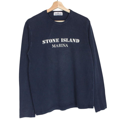 Stone Island navy blue sweatshirt with logo print and thin cotton material.