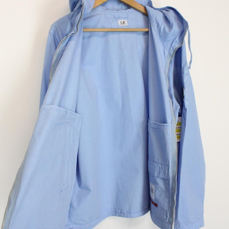 CP Company Light Blue Garment Dyed Full Zip Lens Cotton Hooded Jacket